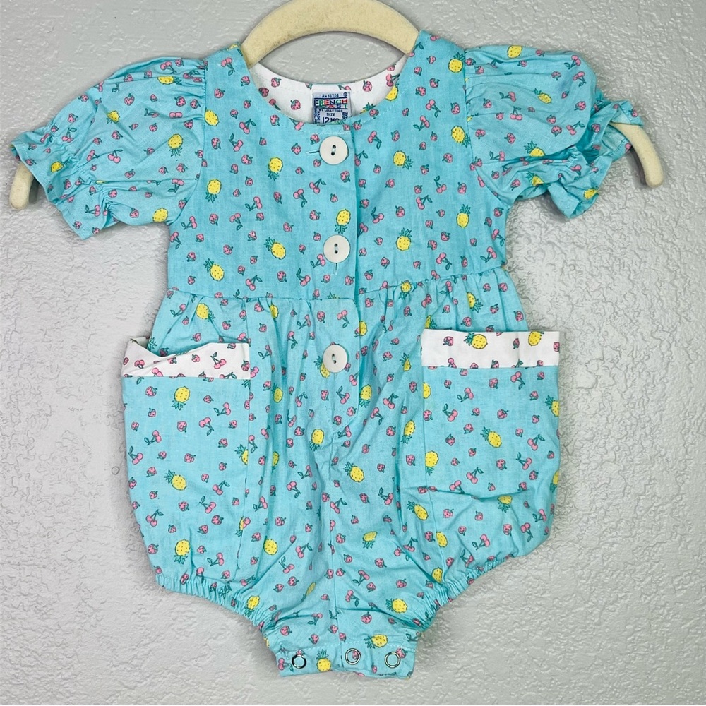 Vintage 90s Fruit Baby Romper in Blue and Yellow 12 months